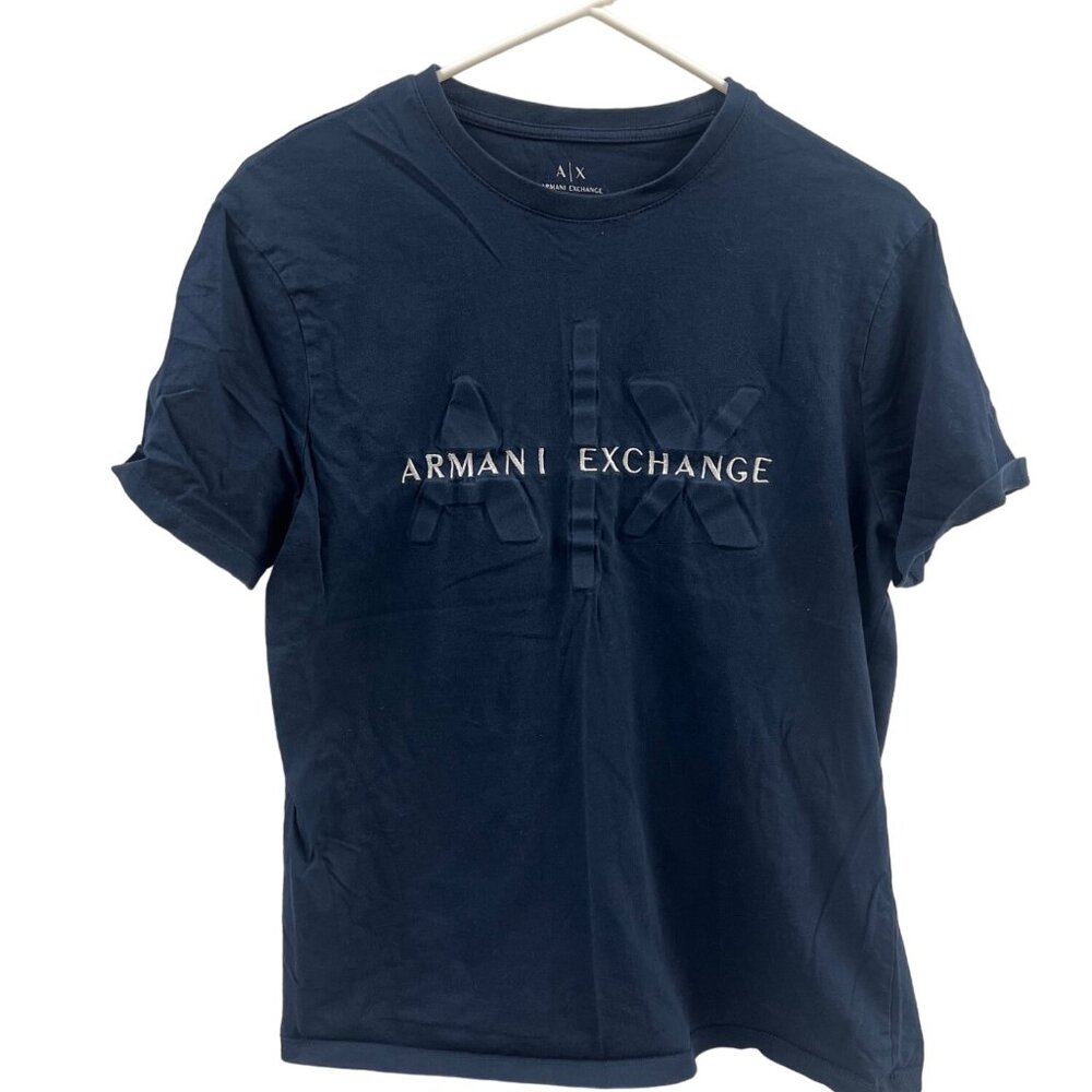 Armani Exchange Mens Navy Blue Logo T-Shirt Embossed Design Regular Fit Cotton C